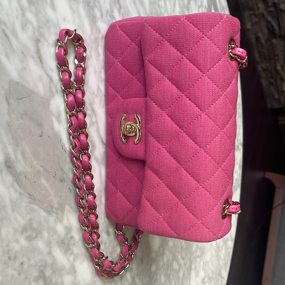 Chanel pink quilted jersey mini flap gold hardware